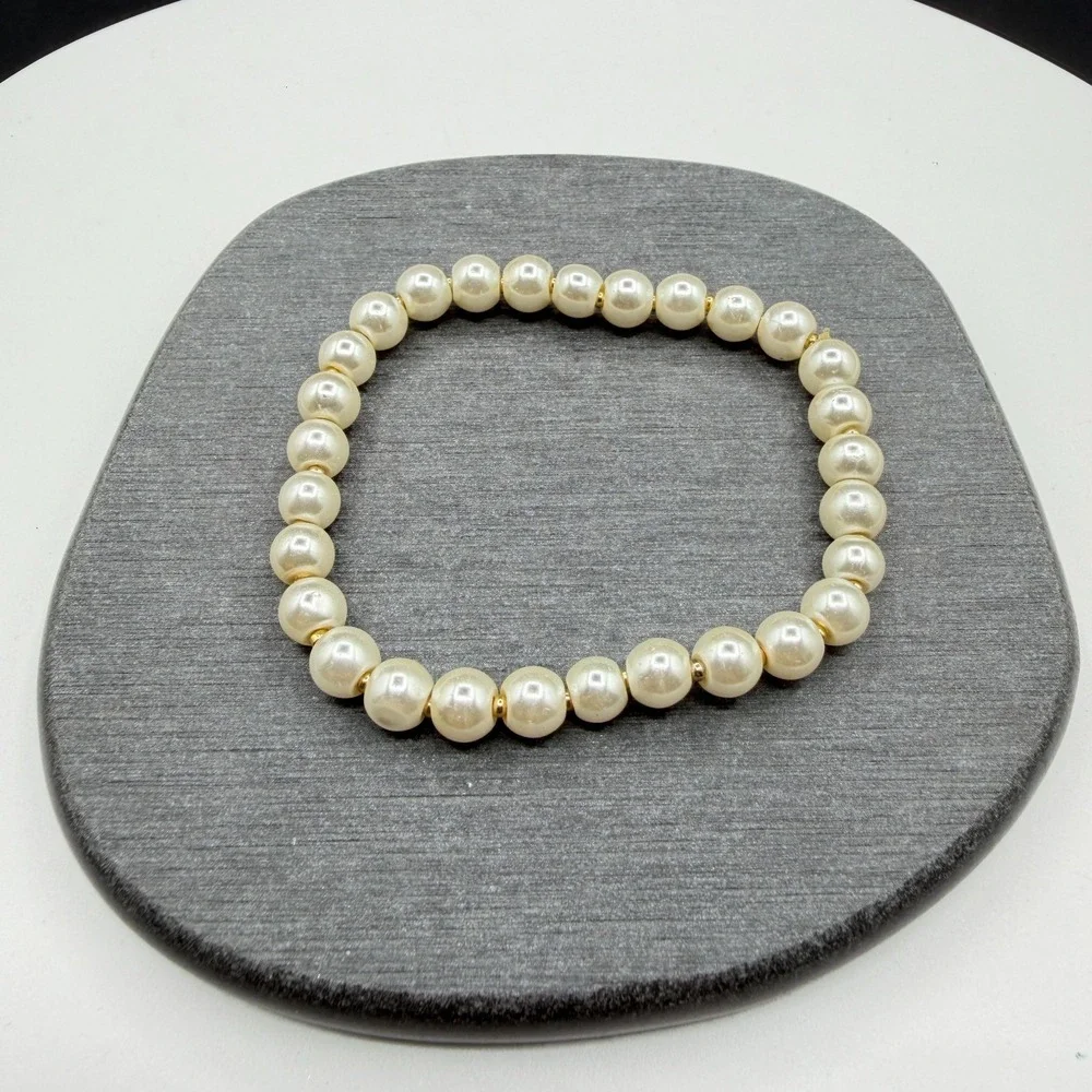 Faux Pearl Gold Tone Spacer Bead Stretch Bracelet Cream Classic Bridal Jewelry
